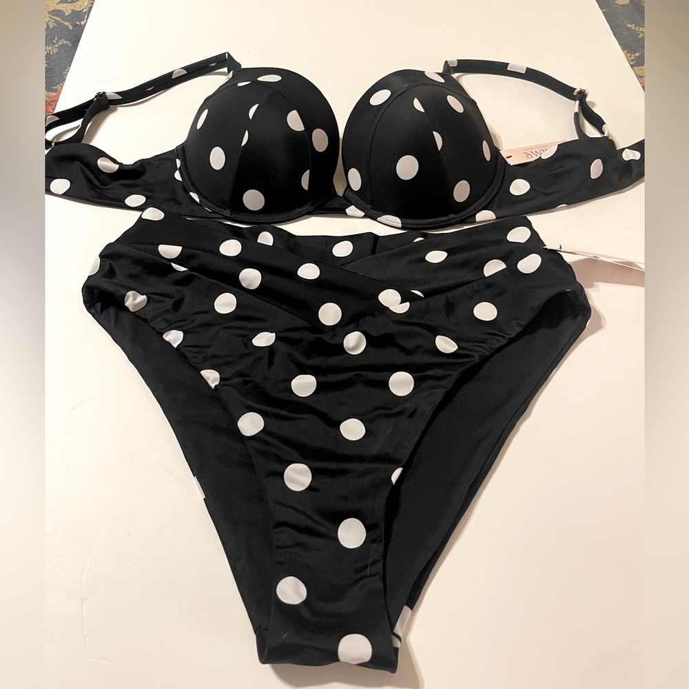 NWT Victoria's Secret Black White Polka Dot Two Piece Bathing Suit LG Bottom 38B - Picture 2 of 9